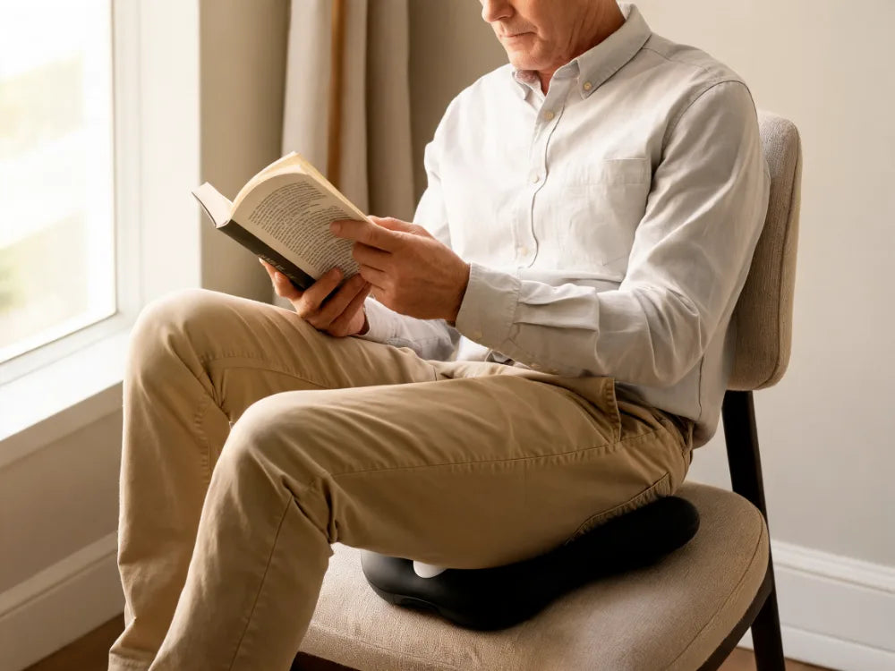 A man seated and reading, device beneath him