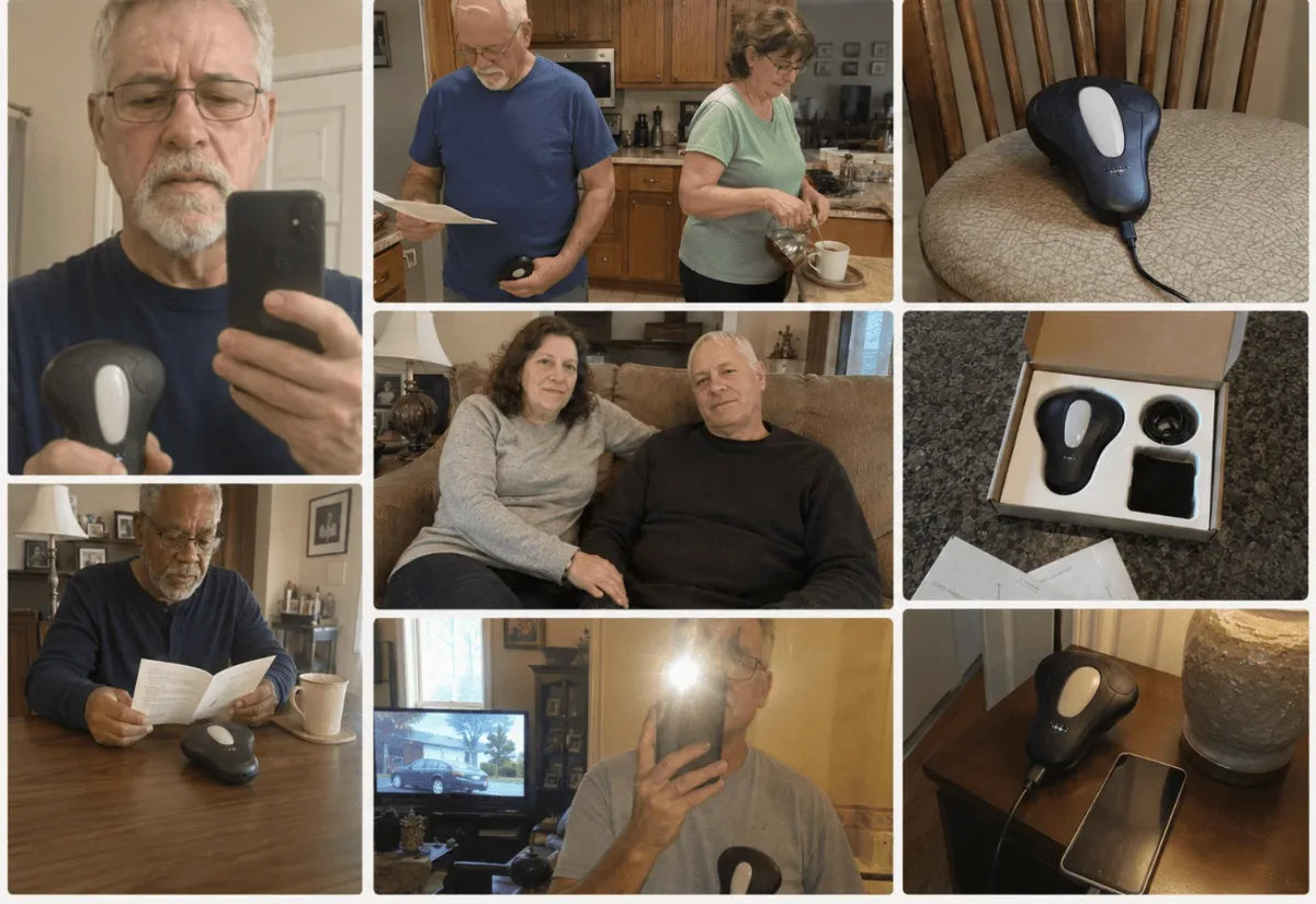 A grid of nine customer photos of the device at home