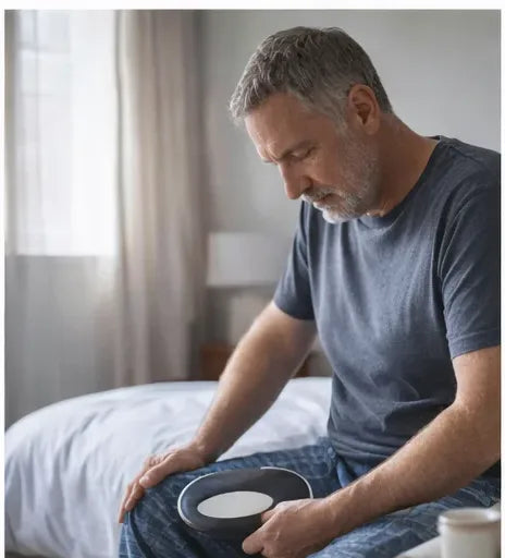 A man at his bedside in the morning